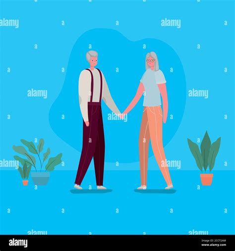 Senior Woman And Man Cartoons With Plants Design Grandmother And