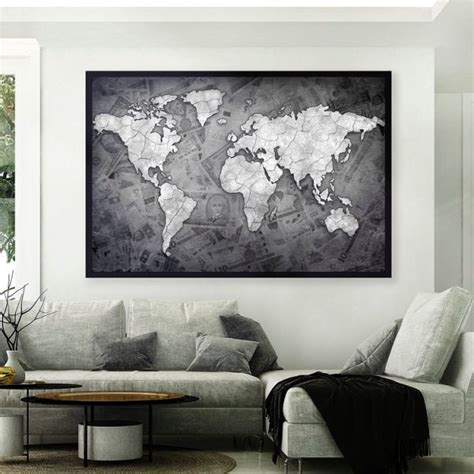 Quadro Mapa Mundi Money Tela Única 90 x 60 cm Chassi MadeiraMadeira