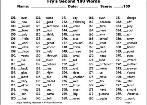 List Of Fry Words For First And Second Grade