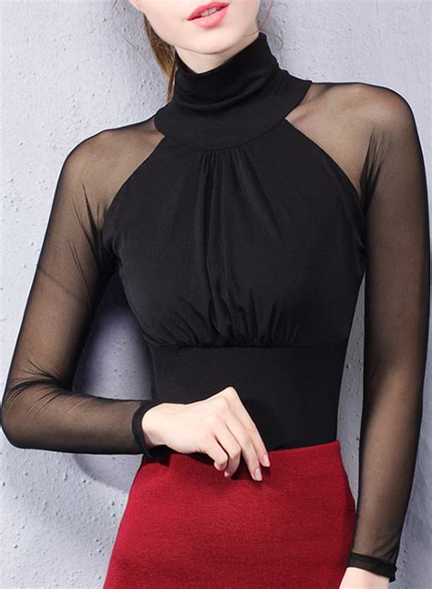 Women S Fashion Solid High Neck Long Sleeve Slim Fit Blouse Stylesimo