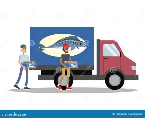 Truck with Fish Delivery. People Carry Seafood Stock Vector ...