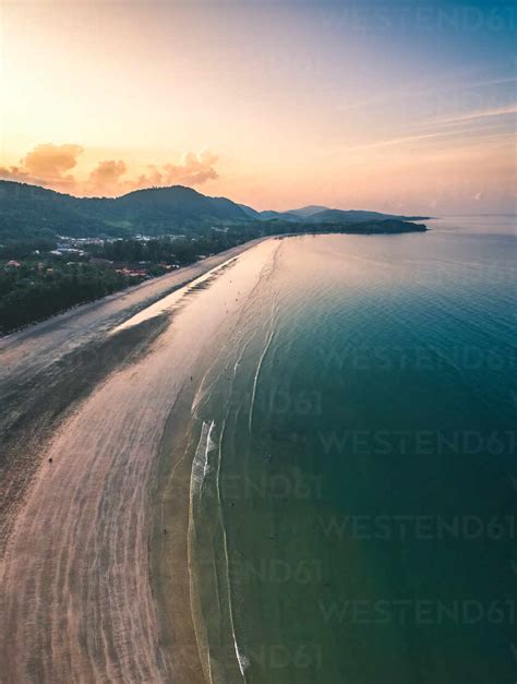 Aerial view of tropical beach at sunset stock photo