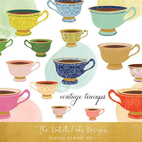 Vintage Teacup Clipart Set Vintage & Golden Style Watercolor Circles ...