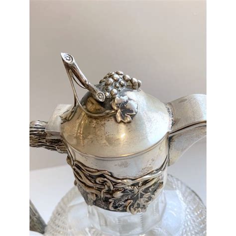 Antica Caraffa Brocca Art Nouveau Cristallo Molato Montatura Argento