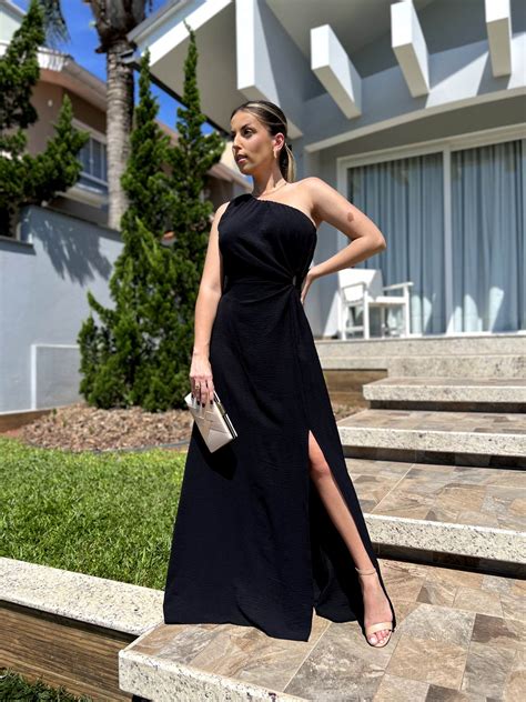 Vestido Longo Ombro S Racho Preto Maria Guilhermina