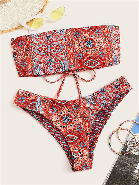 Random Tribal Bandeau High Leg Bikini Swimsuit Shein Usa