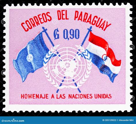 Postage Stamp Printed In Paraguay Shows Emblem And Flags UN United