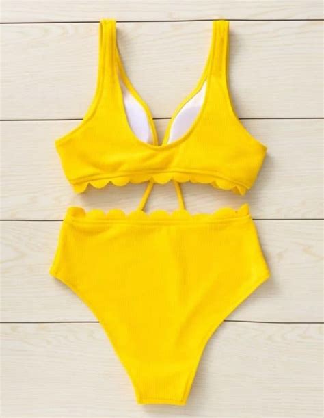 Rib Scallop Trim High Waisted Bikini Swimsuit Women S Store