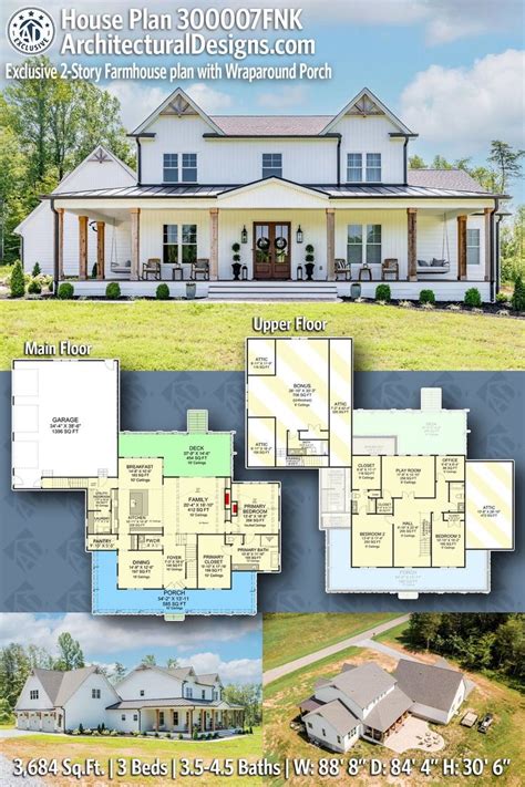 Two Story House Plan With Wraparound Porch And Attached Garage Shown