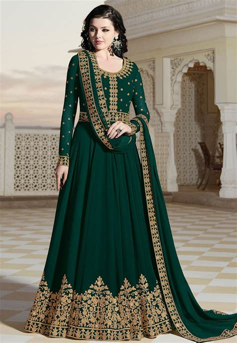 Dark Green Georgette Floor Length Embroidered Anarkali Suit