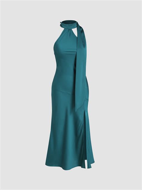 Satin Satin Solid High Neck Split Midi Dress For Date