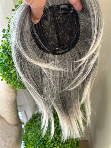 Best Grey Hair Toppers For Women Synthetic Salt And Pepper Pale White Mix Hair With Yellowish