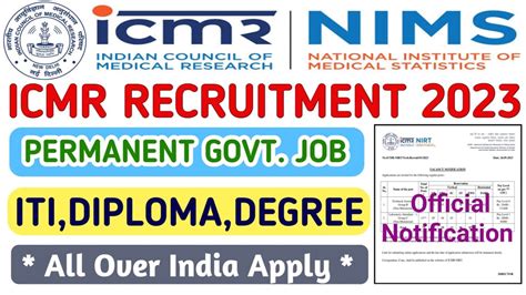 Icmr Recruitment Diploma Degree Iti Permanent Govt Job All