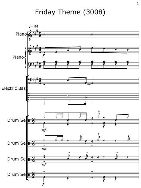 Friday Theme 3008 Sheet Music For Piano Electric Bass Drum Set