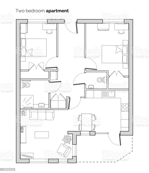 Two Bedroom Apartment Floor Plan Top View Flat Vector Illustration