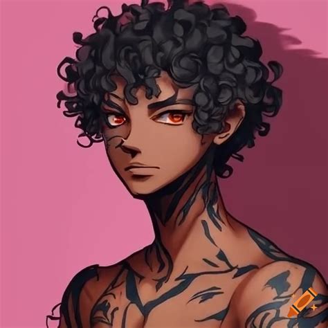 Japanese Anime Inspired Male Character With Dark Brown Skin Blackcurly Hair And Tattoos On Craiyon