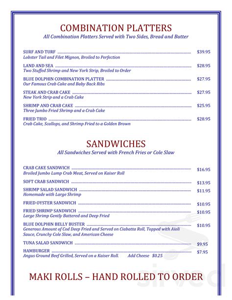 Blue Dolphin Seafood Bar And Grill Menu In Gambrills Maryland Usa