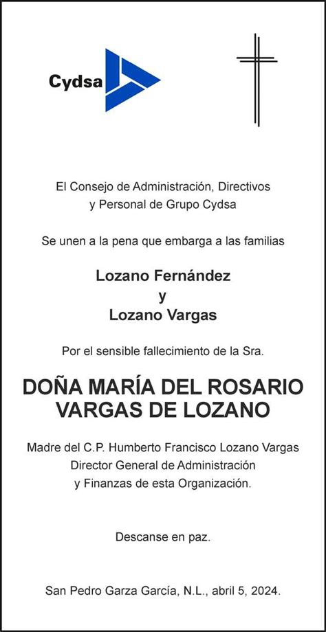 Doña María Del Rosario Vargas de Lozano Obituario Esquela