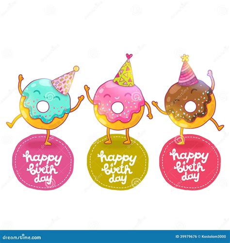 Happy Birthday Card Background With Cute Donut. Vector Illustration ...