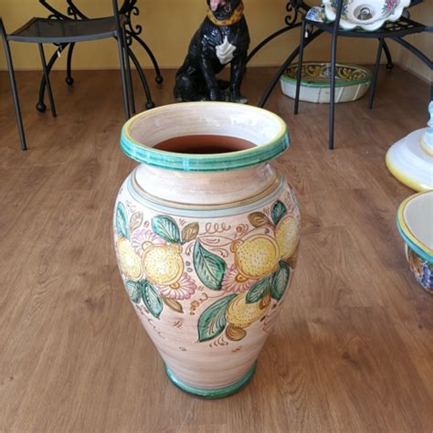 Portaombrelli Vaso In Ceramica Di Deruta Decoro Limoni Bordo Verde