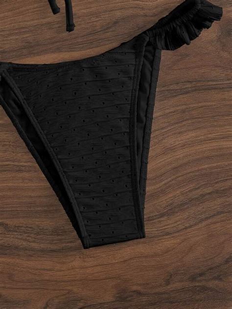 SHEIN Swim Chicsea Mono Bikini Set Schiffy Tie Front Top Ruffle Trim Thong 2 Piece Swimsuit