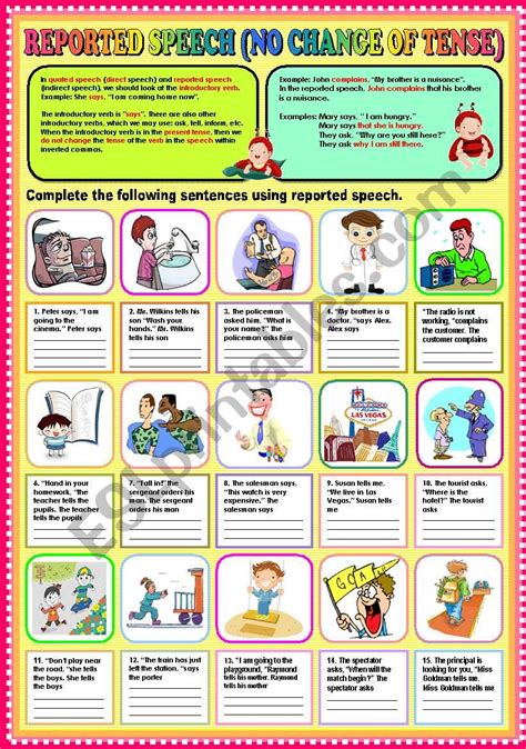 REPORTED SPEECH NO CHANGE OF TENSE PART 1 KEY ESL Worksheet By Ayrin