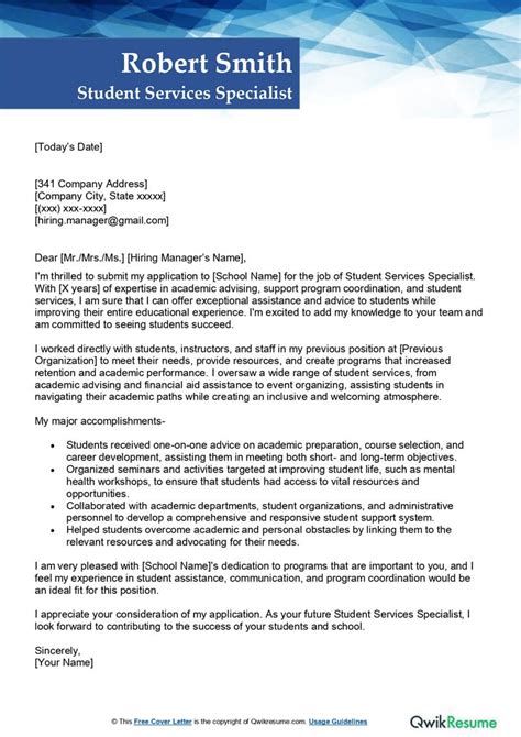 Student Services Specialist Cover Letter Examples Qwikresume