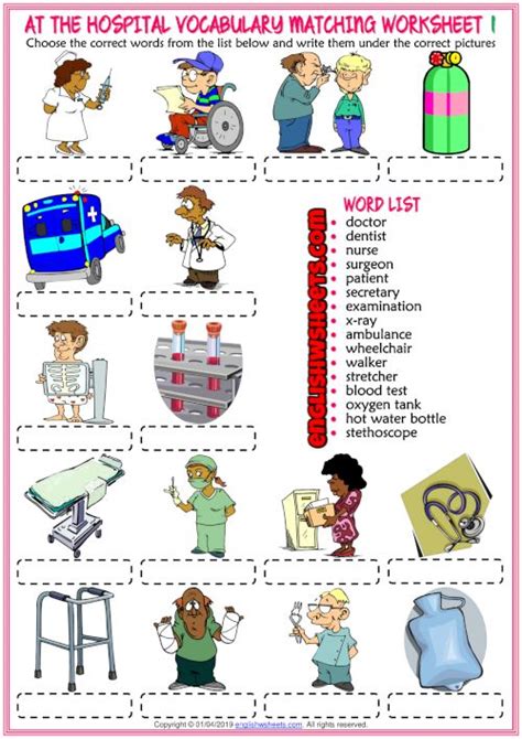 Hospital Vocabulary Esl Matching Exercise Worksheets Kindergarten Worksheets Vocabulary Esl