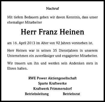 Traueranzeigen Von Franz Heinen WirTrauern