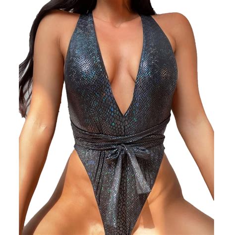 Lopeceal Womens Rave Wear One Piece Bodysuit Snakeskin Print Sexy Leg