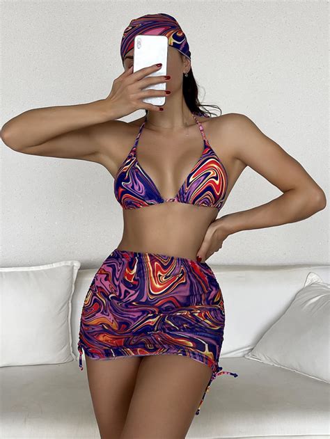 Shein Swim Vcay Abstract Fluid Pattern Bikini Set Halter Triangle Bra