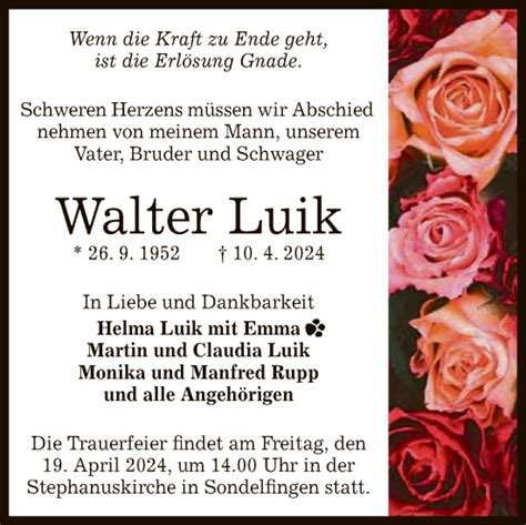 Traueranzeigen Von Walter Luik Trauer Gea De