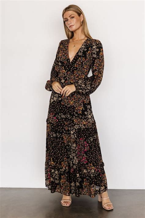 Bowman Deep V Maxi Dress Black Multi In Floral Maxi Dress