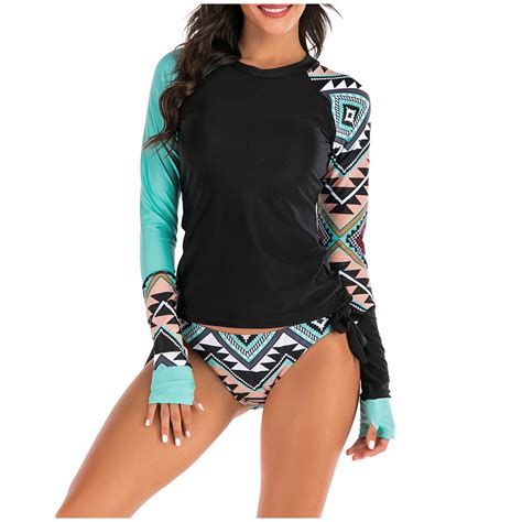 Buigttklop Women S Long Sleeves Rash Guard Athletic Swim Aztec Tankini Sets Swimsuit