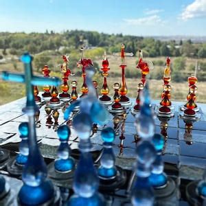 Luxury Unique Chess Set Handmade Orange Blue Murano Glass Chess