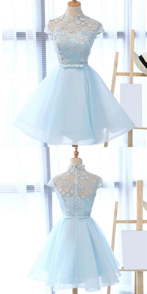 A Line High Neck Light Sky Blue Tulle Homecoming Dress With Sash