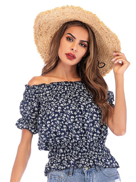 Buy Stylecast Navy Blue Floral Print Off Shoulder Bell Sleeve Bardot