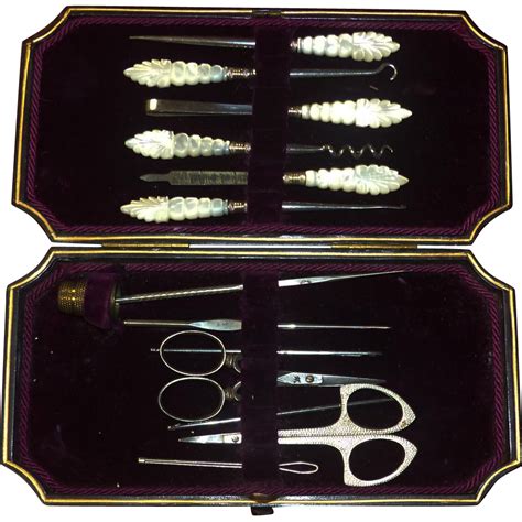 English Boxed Sewing Or Needlework Tool Set C 1870 With Unusual Mother