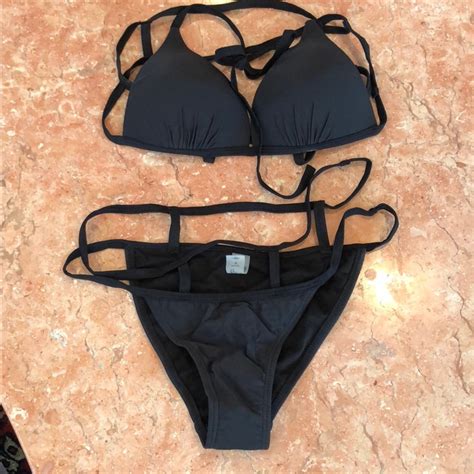 Womens Black Strappy Two Piece Bikini Set Size M Gem