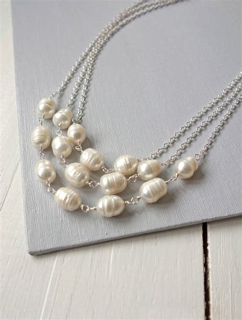 Layered Large Pearls Necklace Dainty Chain White Freshwater Pearls Minimalist Multi Strand