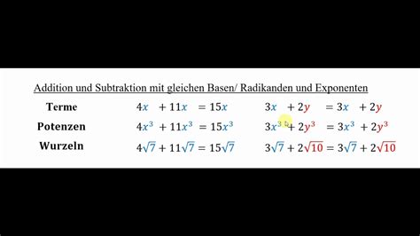 Potenzen Und Wurzeln Addition Und Subtraktion YouTube