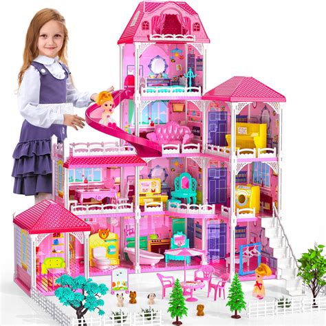 4 Stories 10 Rooms Dollhouse For Girls Cuopluber Doll House With 2 Doll Figure And Furniture