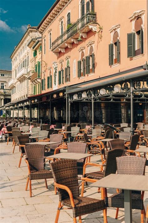 Empty Street Cafe In Verona Old City Italy Beautiful Sunny Morning