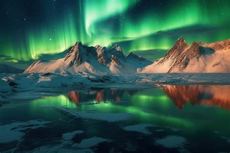 Premium Ai Image Aurora Borealis Over Snowy Mountains Frozen Sea