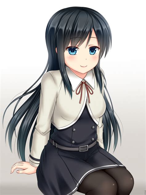 Safebooru 1girl Asashio Kantai Collection Black Hair Black Legwear Blue Eyes Gradient