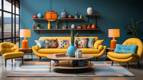 Premium AI Image | a living room with yellow furniture and a yellow sofa with a blue vase on the ...