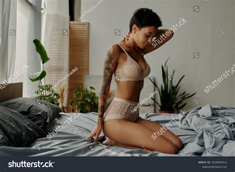 Side View Brunette Woman Sexy Underwear Stock Photo 2210829511