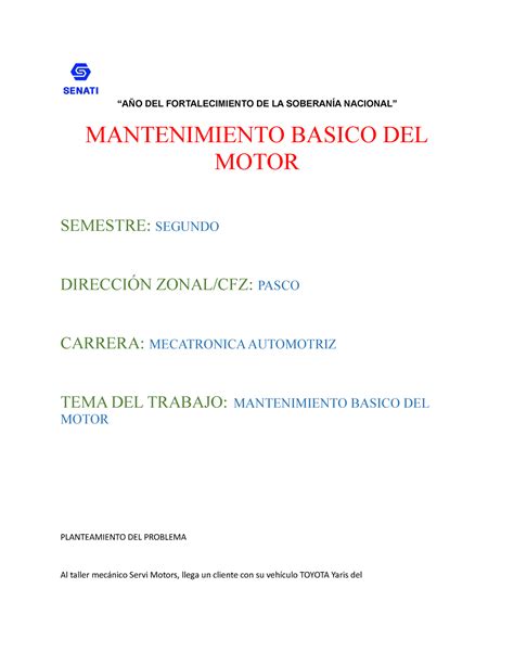 Matenimiento Bascico Del Motor Docx A O Del Fortalecimiento De La