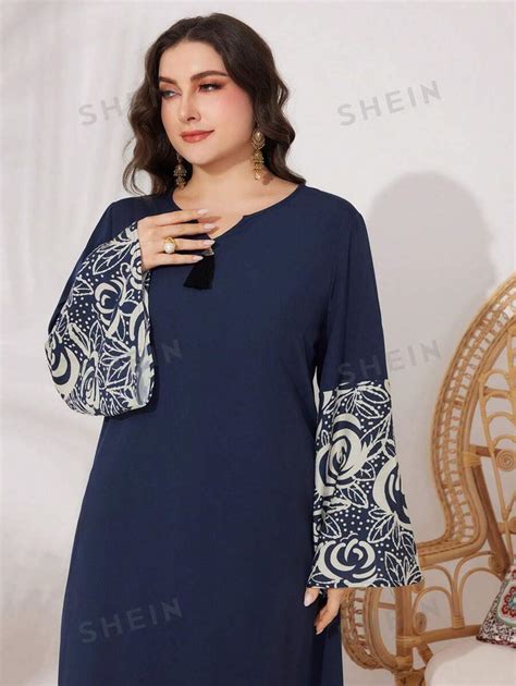 Shein Najma Plus Size Women S Flower Print Bell Sleeve Arabian Dress