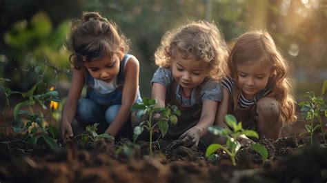 Crianças aprendendo a plantar árvores crianças expressões alegres